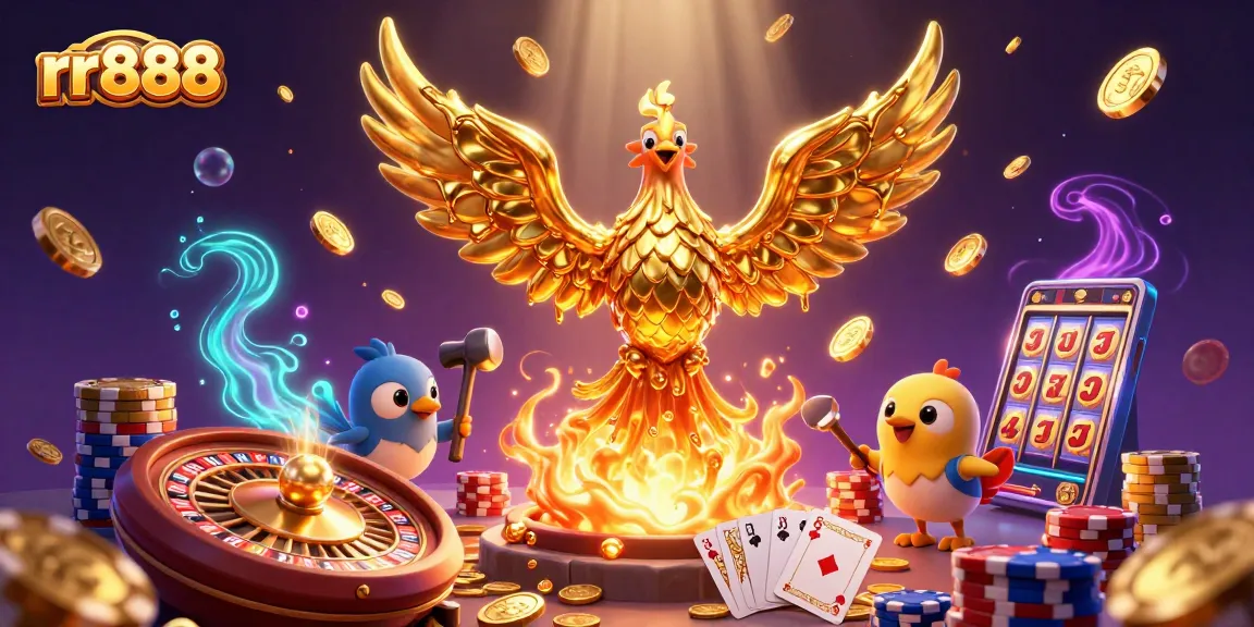 Experience the excitement of rr888 with a molten golden phoenix and casino elements in a vibrant 3D illustration.