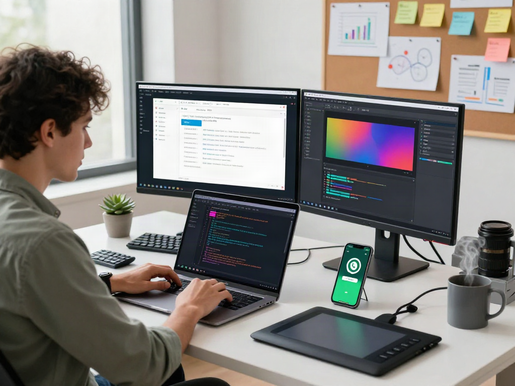 Developer coding on laptop displaying gb whatsapp apk interface with creative workspace elements.