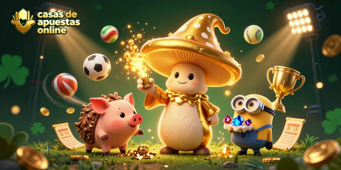 Descubre las mejores casas de apuestas online con una emocionante ilustración de un mago dorado y elementos deportivos.