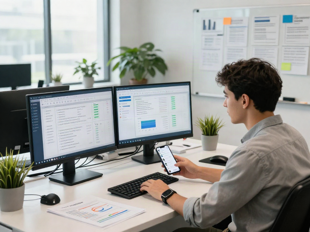 Data analyst using document fraud detection software in a modern fintech workspace.