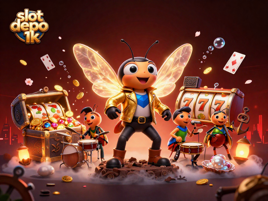 Spin the reels at slot depo 1k and discover vibrant characters in an exciting casino-themed illustration.