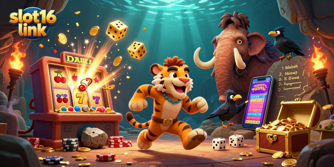 Experience the thrill of the prehistoric casino with the slot16 link surrounded by vibrant gaming elements.