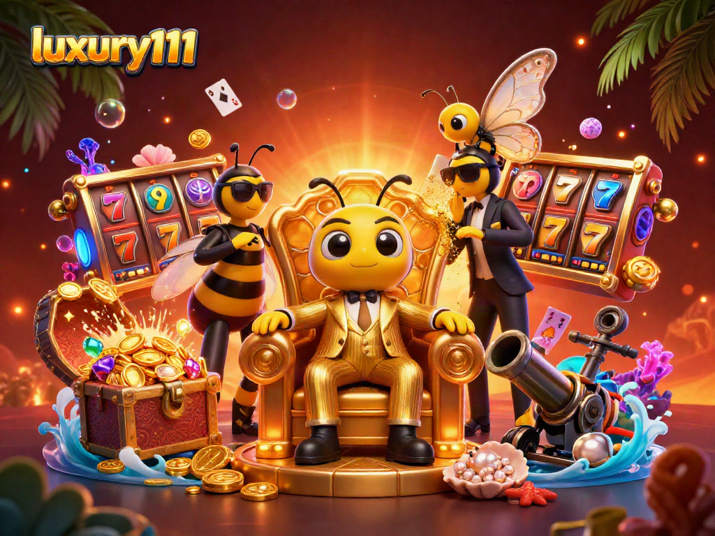 Spin to win at luxury111 with a vibrant bumblebee mob boss surrounded by slot reels and treasure!