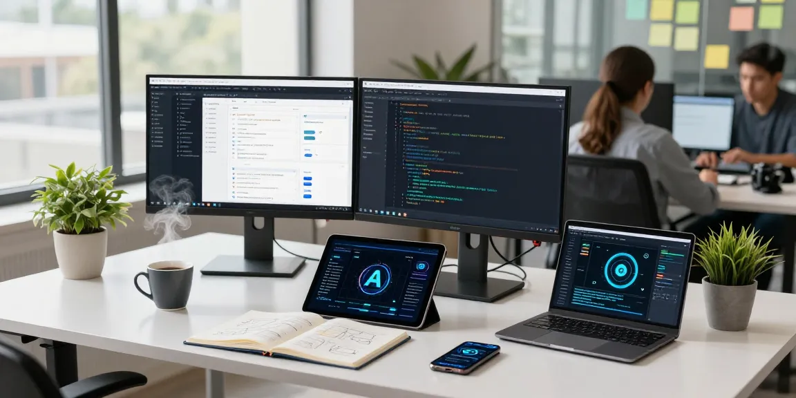 Build internal tools with AI in a modern workspace showcasing code, collaboration, and productivity.
