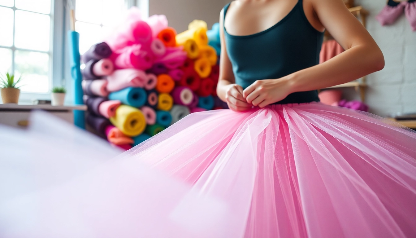 Maak een tutu met tule voor tutu in een creatief atelier vol kleuren en texturen.