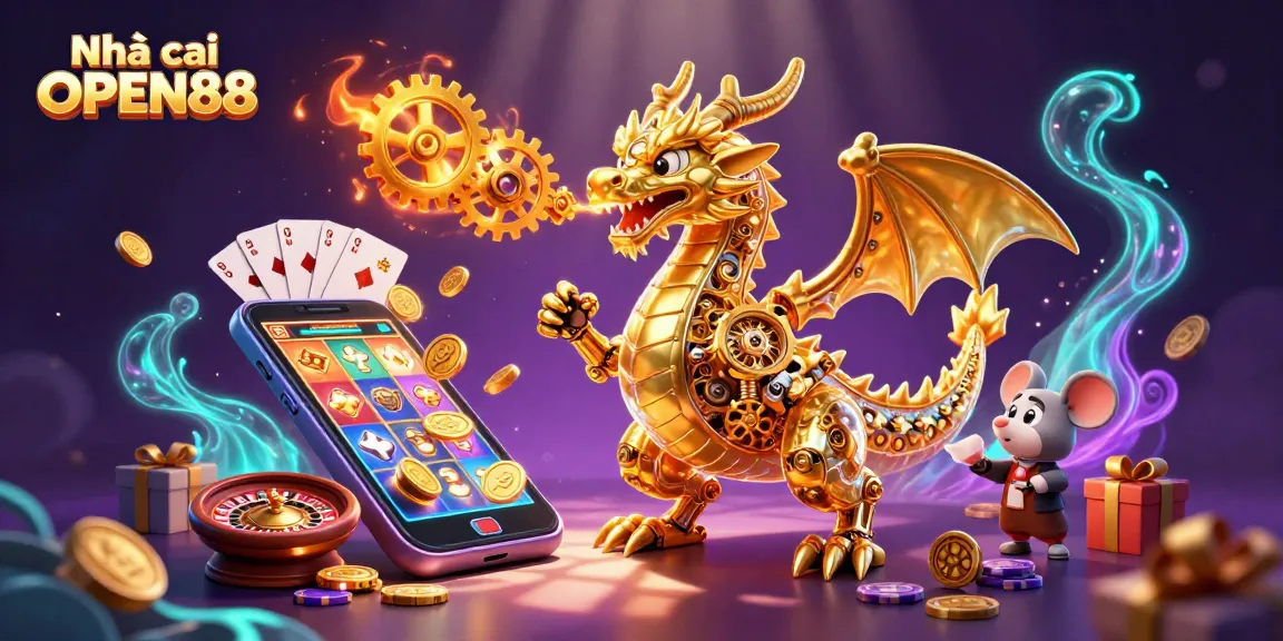 Engage with Nhà cái OPEN88 through a vibrant 3D illustration featuring a golden dragon and gambling elements.