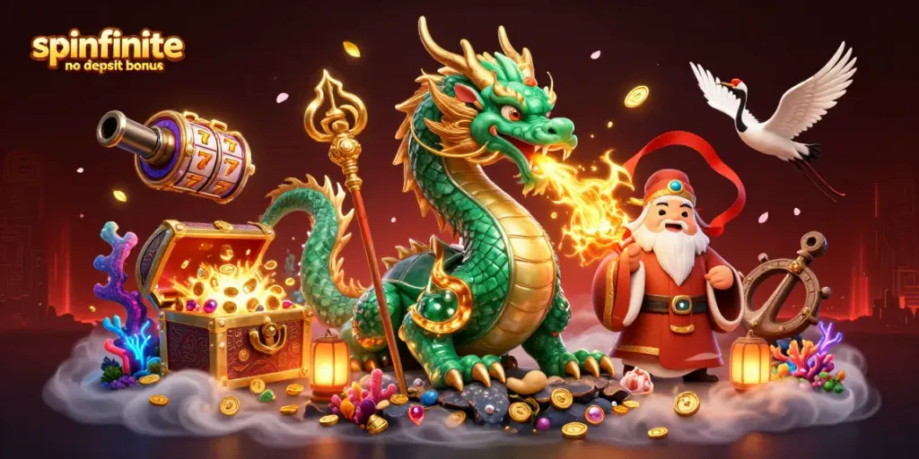 Engage with the Spinfinite no deposit bonus, featuring dynamic elements like gold coins and casino games.