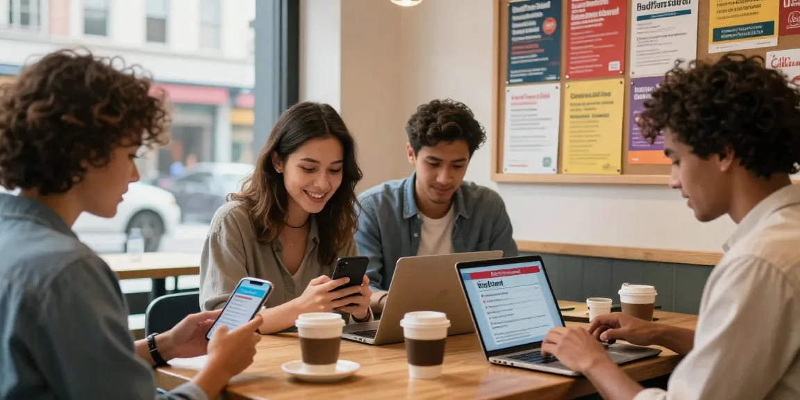 People engaging with BedPersonal's classified ads in a lively café setting, emphasizing local connections.
