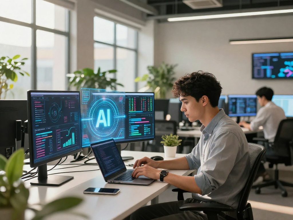 Innovative workspace showcasing ai 18+ adults engaging with technology and programming.