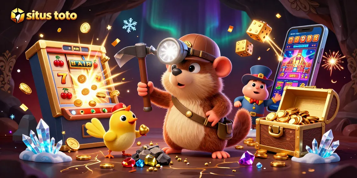 Situs toto menampilkan penambang 3D dengan slot mesin jackpot yang meledak, memancarkan koin berkilauan.