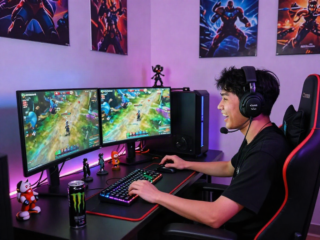 Engaged player enjoying situs toto online gaming with colorful setup and vibrant atmosphere