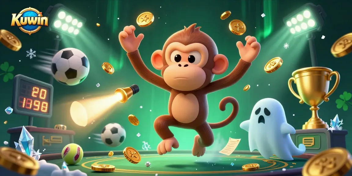 Kuwin's mischievous ghostly monkey juggles golden casino objects while a curious puppy tracks it.