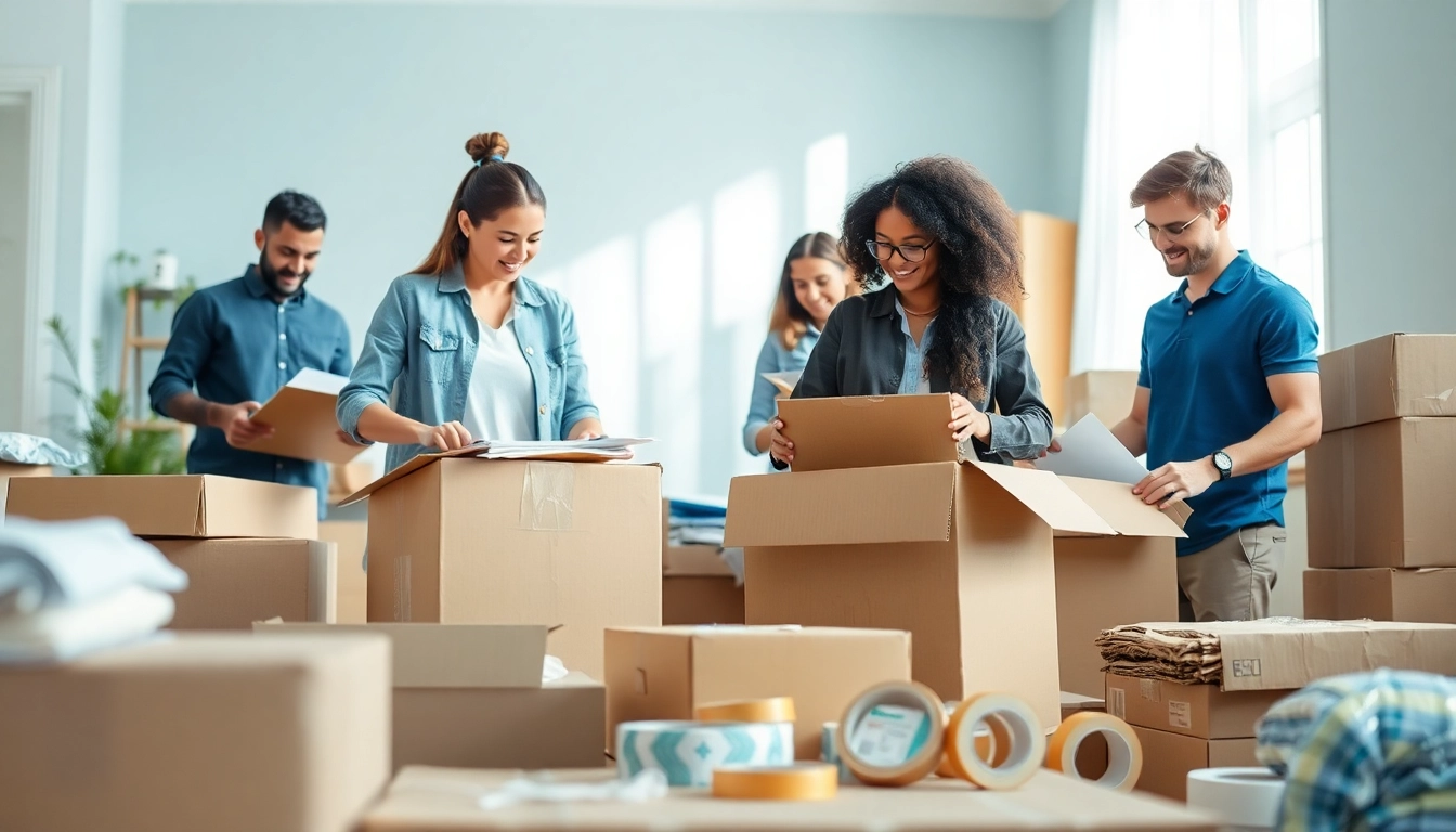 Professional Packing Services team efficiently packing boxes in a bright home environment.