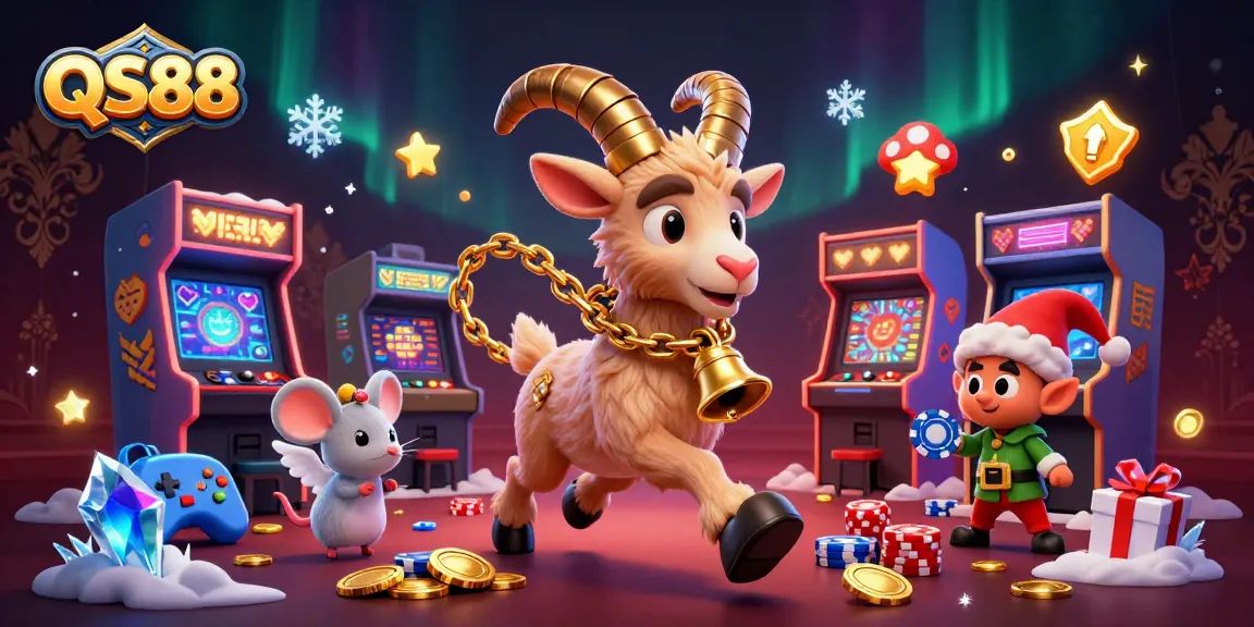 QS88 features a vibrant holiday-horror casino scene with characters enjoying games and stealing chips.