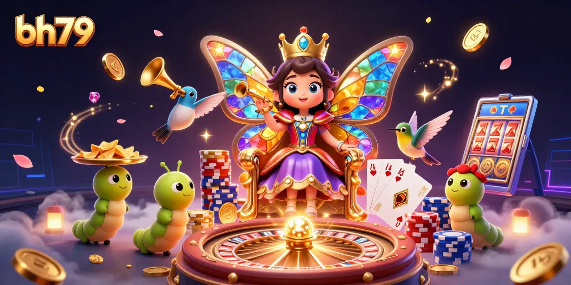 Grab winnings at bh79 with vibrant casino elements like roulette, chips, and a dynamic butterfly queen.