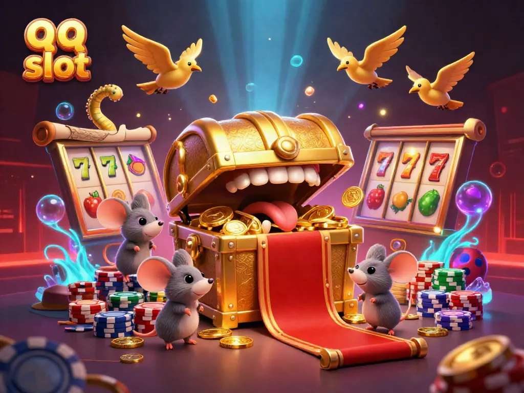 Engaging qq slot scene with mouse adventurers surrounding a treasure chest and colorful slot reels.