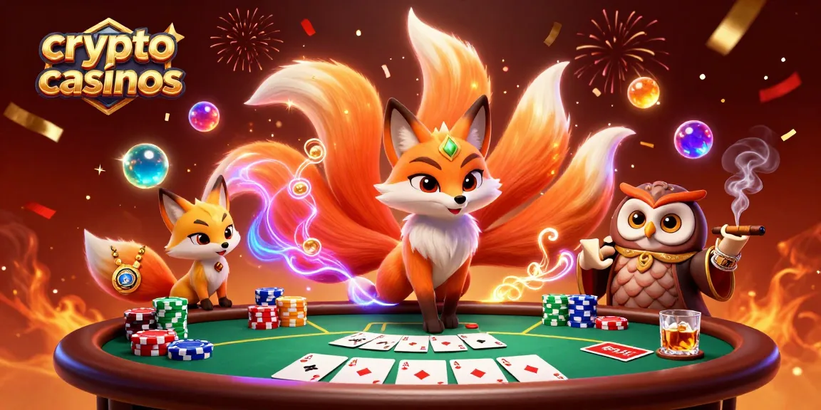 Jouez dans des crypto casinos aux animations vibrantes avec des personnages mystiques et des éléments de poker en fête.