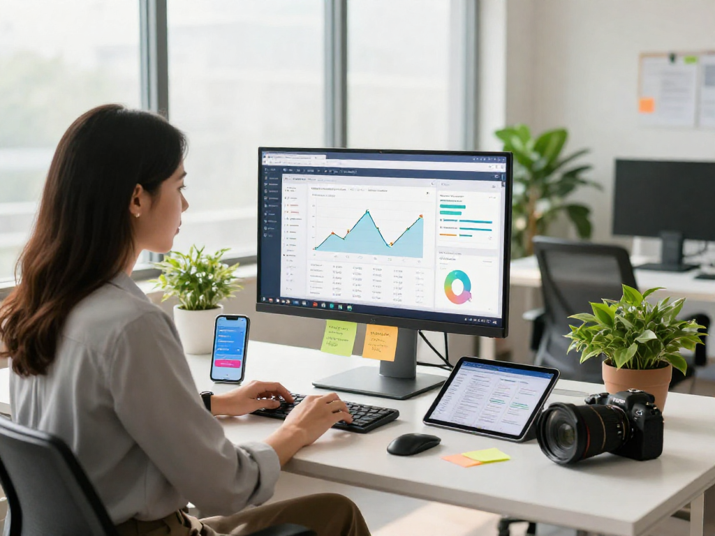 Buy app downloads in a vibrant office with analytics, smartphone, and tablet.