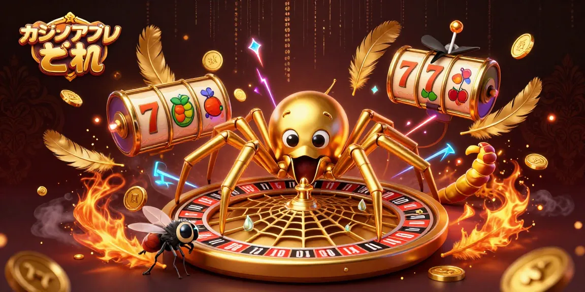 オンラインカジノアプリでギャンブルする金色のクモと虫の賭けシーン