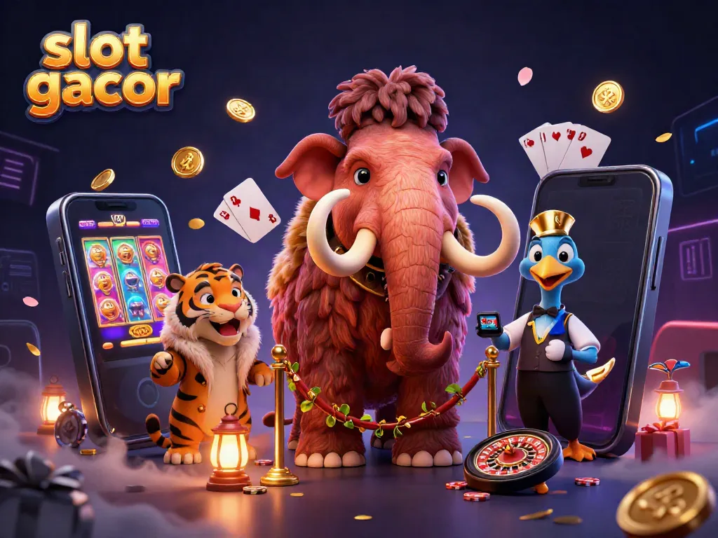 Experience immersive gameplay with slot gacor mechanics showcased by a vibrant scene of cartoon characters and gaming elements.