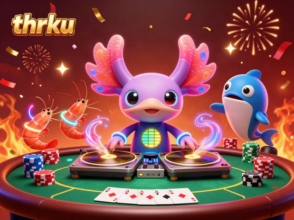 Experience the thrill of poker with the vibrant thrku casino scene featuring lively characters and dynamic casino elements.