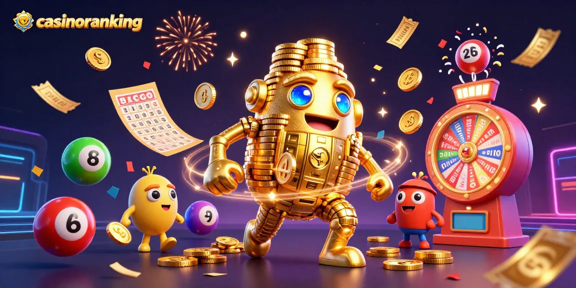 Engage with casinoranking's vibrant scene of a golden golem surrounded by colorful lottery elements.