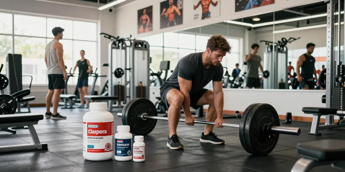 Male athlete using Unique Pharma Steroids supplements during weightlifting session in a modern gym.