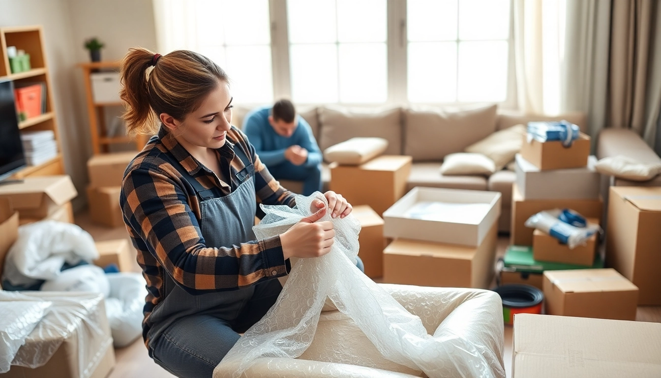 Professional Packing Services in action as movers carefully wrap items to ensure safe transport.