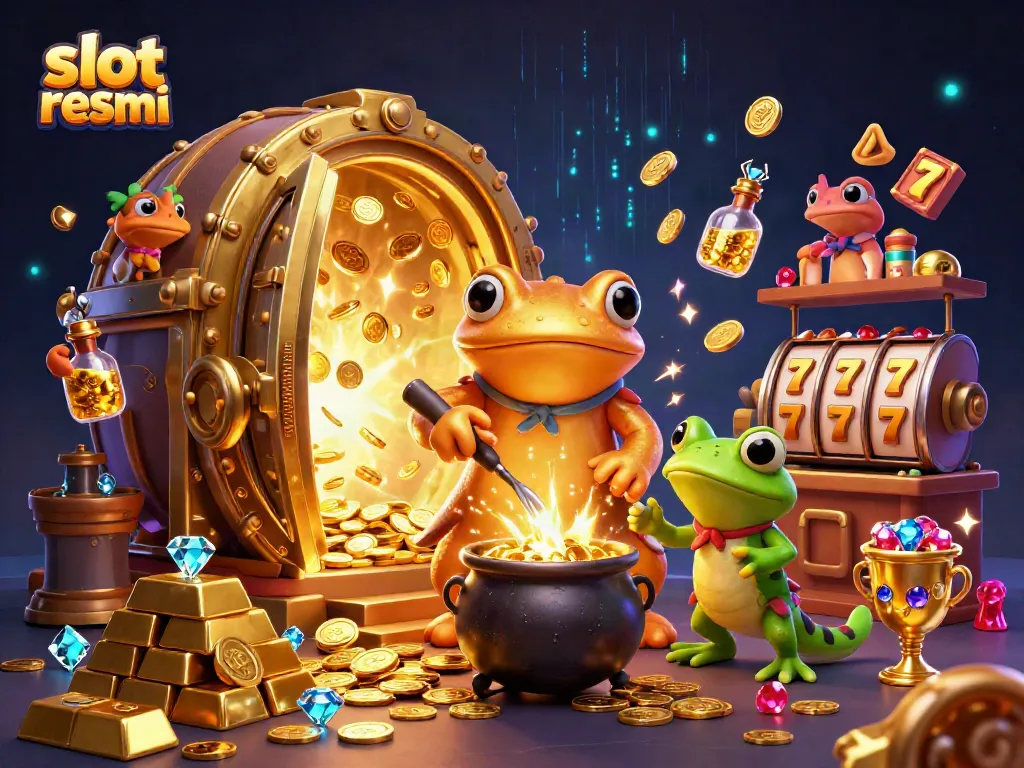 Experience the excitement of slot resmi with vibrant casino elements and alchemical gold magic in this colorful 3D illustration.