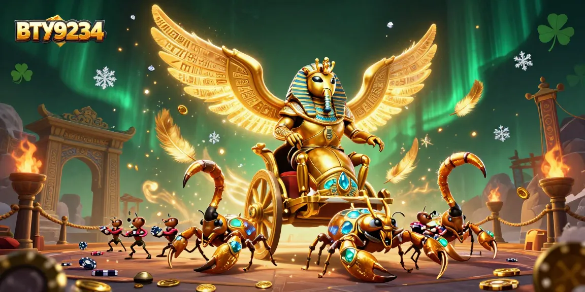 Engage with BTY9234’s dynamic casino experience featuring golden scarab beetle and poker chips.
