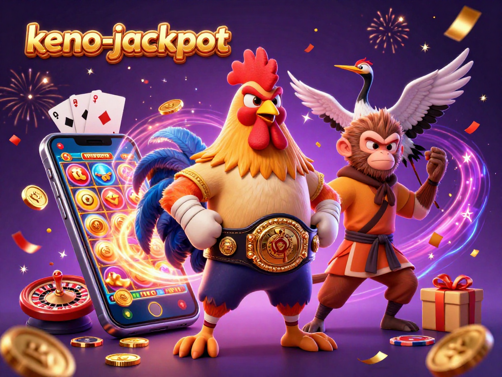 Engage with keno-jackpot excitement through lively cartoon characters amidst a dynamic casino backdrop.