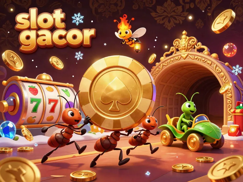Engaging scene of a heist with cartoon ants carrying a giant poker chip amidst vibrant gaming elements in an energetic online casino setting.