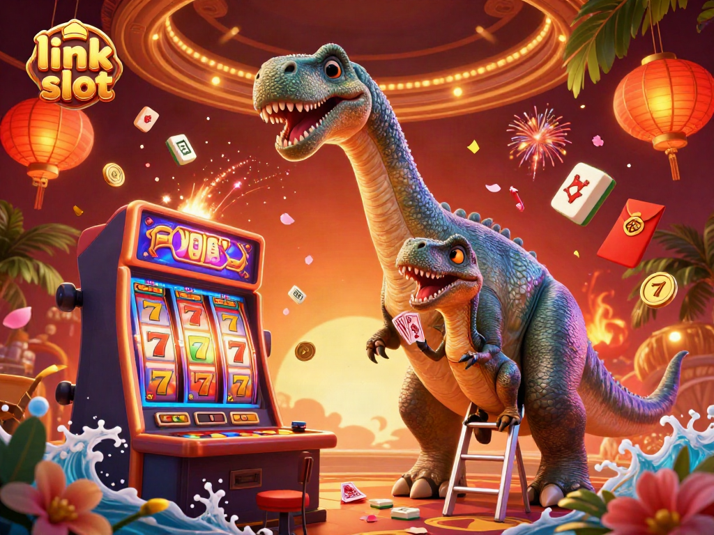 Experience the thrill of link slot gaming in a vibrant casino setting with dynamic characters and elements.