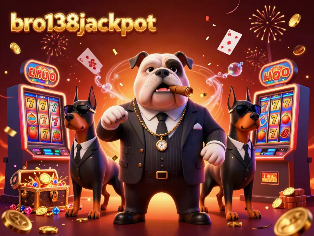 Exciting scene of the bro138jackpot mafia-themed casino with slot machines, character interactions, and vibrant decorations.