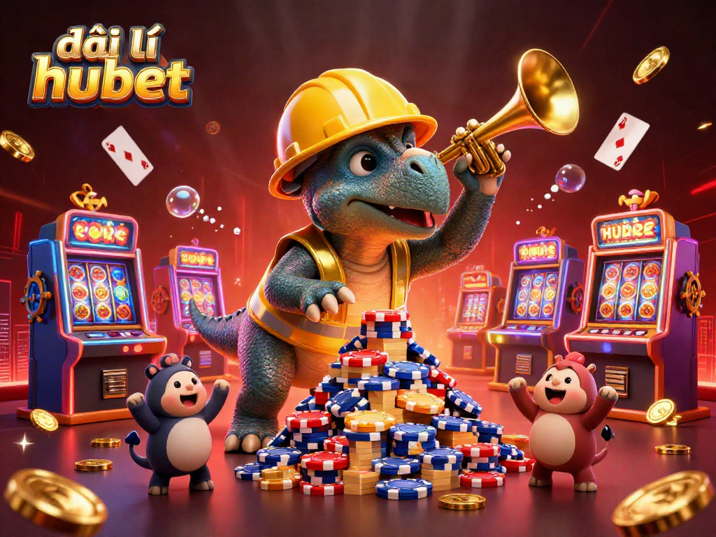 Experience thrills at đại lý hubet with a vibrant casino scene featuring animated characters celebrating among colorful slot machines.