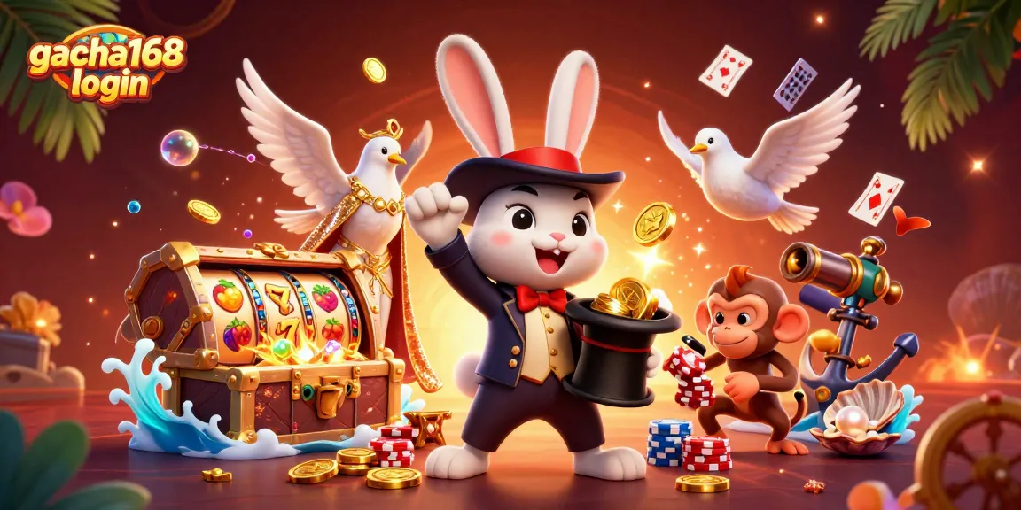 Engage with gacha168 login as a magician rabbit, dove, and monkey bring slots to life with gold coins.