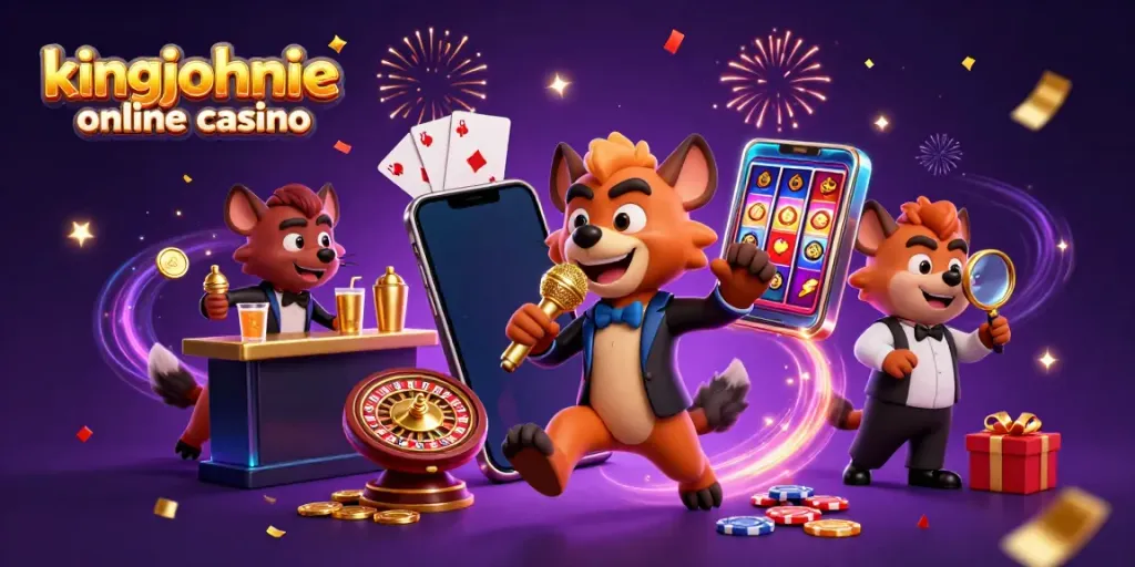 Experience the excitement of kingjohnnie online casino with animated hyenas in a vibrant casino scene.