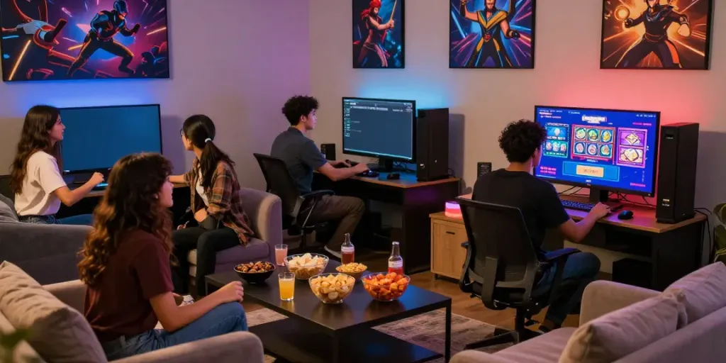 Friends enjoying slot gacor in a vibrant gaming lounge.