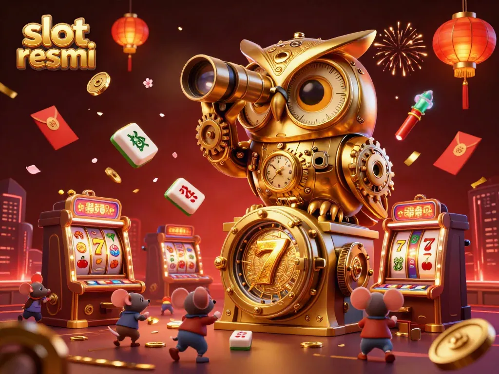 Experience the excitement of slot resmi with vibrant slot machines, a golden owl, and lively casino patrons.