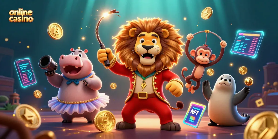 Experience online casino thrill with cartoon characters among crypto coins and digital elements.