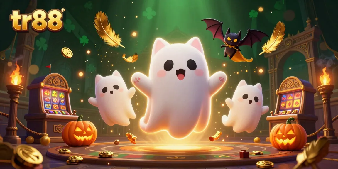 Experience thrilling wins with tr88 in a vibrant haunted casino scene featuring a friendly ghost cat.