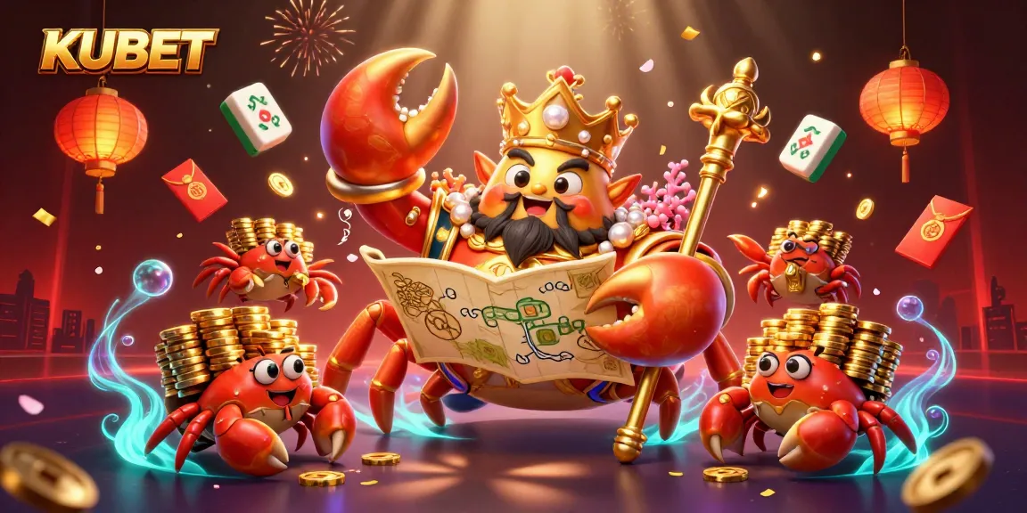 KUBET's golden crab emperor holds a treasure map in a vibrant casino illustration, depicting a world of luck and wealth.