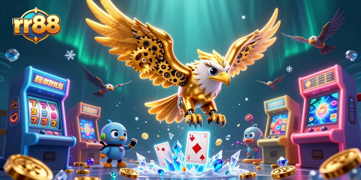 Experience excitement at rr88 with a dynamic illustration of a golden eagle diving through holographic cards and casino elements.