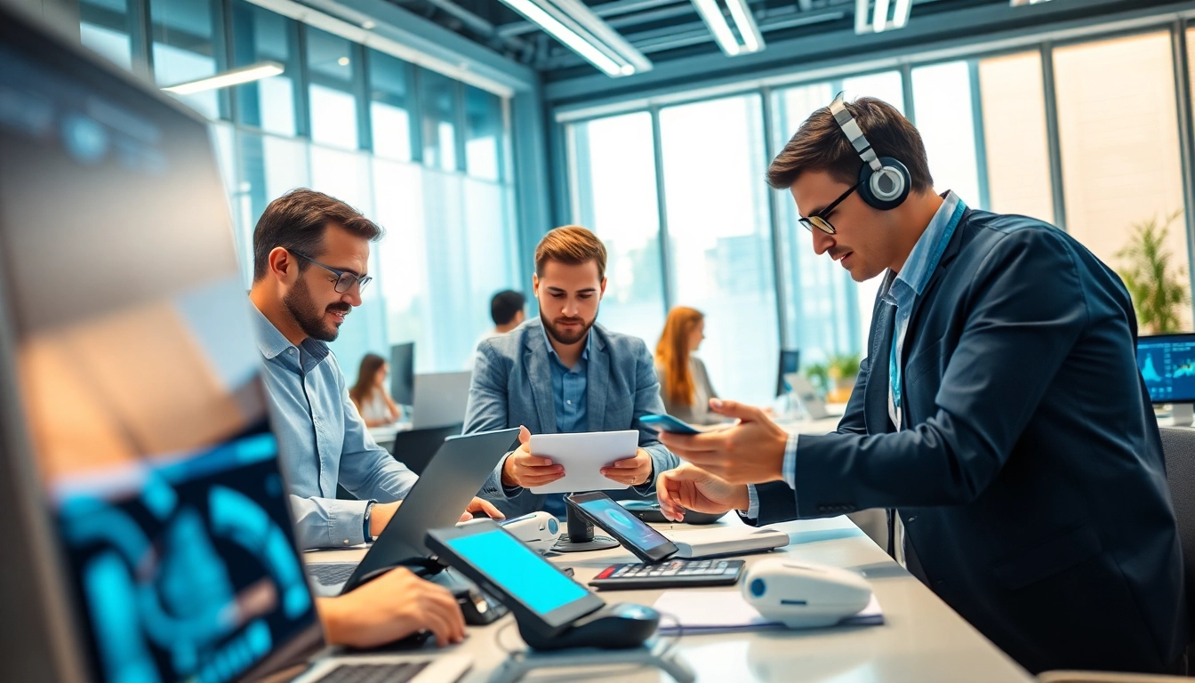 AI agents facilitating interactions in a dynamic office environment filled with technology.