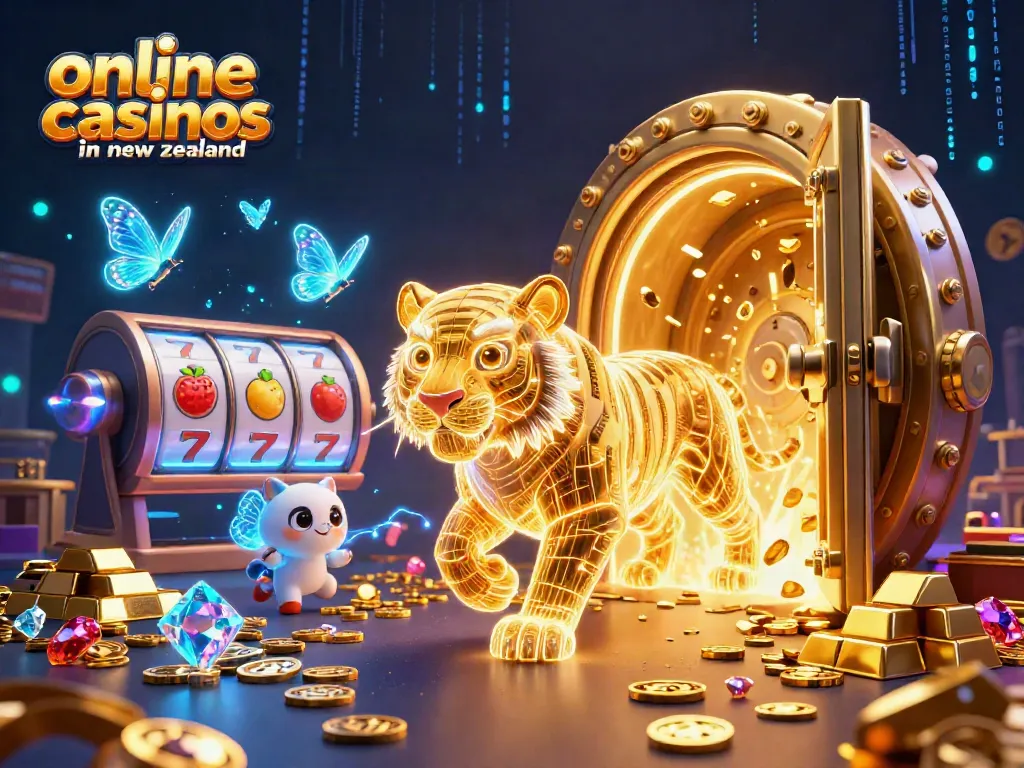 Engage with online casinos in New Zealand featuring vibrant 3D tiger, slot reels, and gold elements.