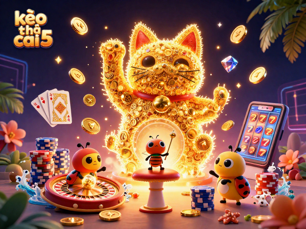Experience the thrill of kèo nhà cái 5 with a vibrant 3D casino illustration packed with symbols and action.