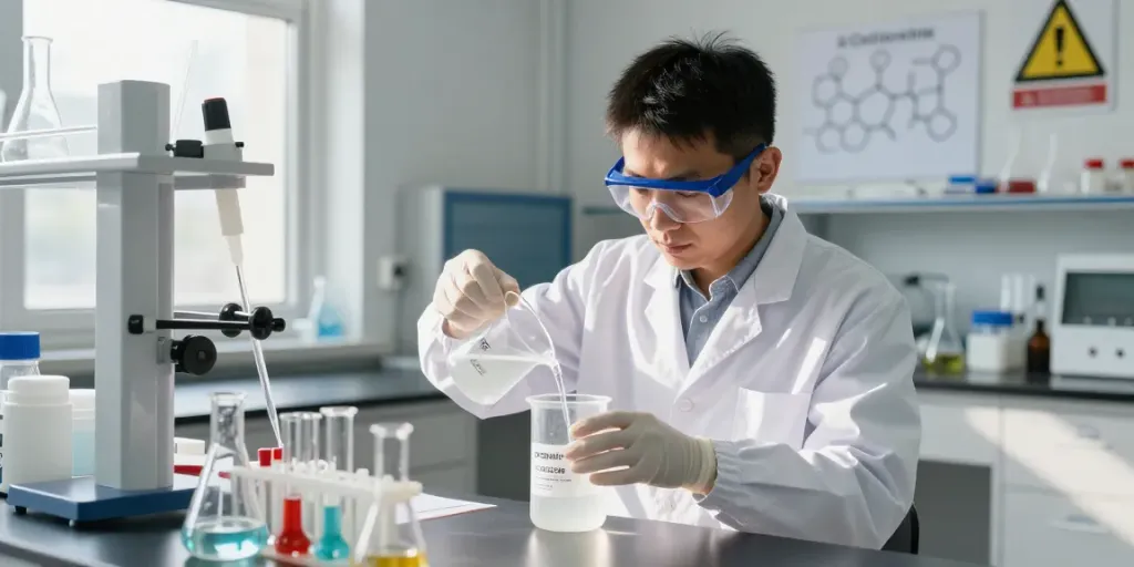 آزمایشگاهی با شیمیدان مشغول کار روی فسفریک اسید و تجهیزات آزمایشگاهی
