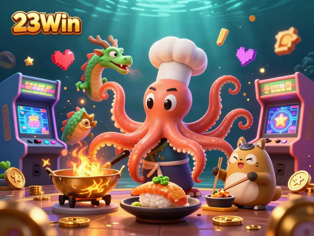 Bettors explore vibrant game machines with the whimsical 23Win sushi chef octopus in an exciting casino ambiance.