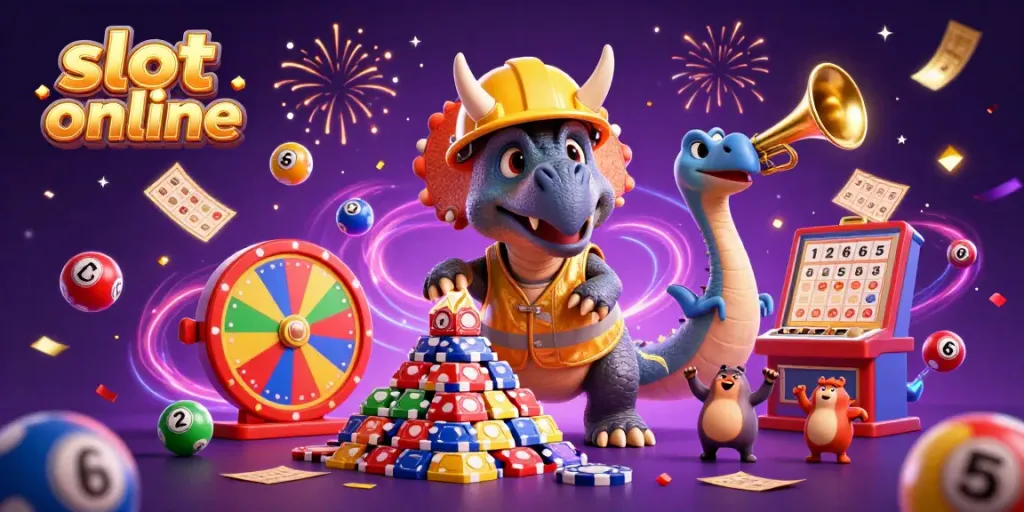 Menangkan slot online dengan permainan dan simbol menarik dalam ilustrasi 3D ceria.