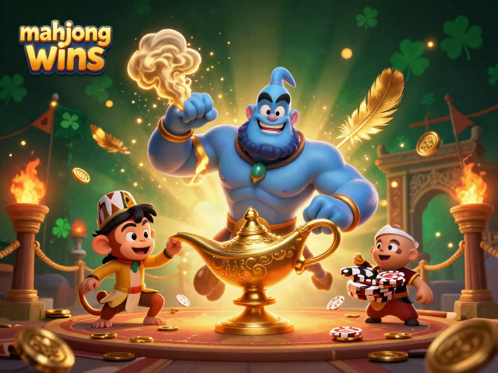 Experience mahjong wins with vibrant 3D genie and magic carpet in a dynamic casino setting.